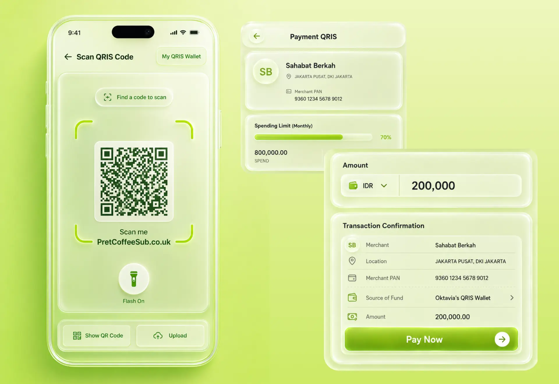 QRIS scan and payment confirmation screens