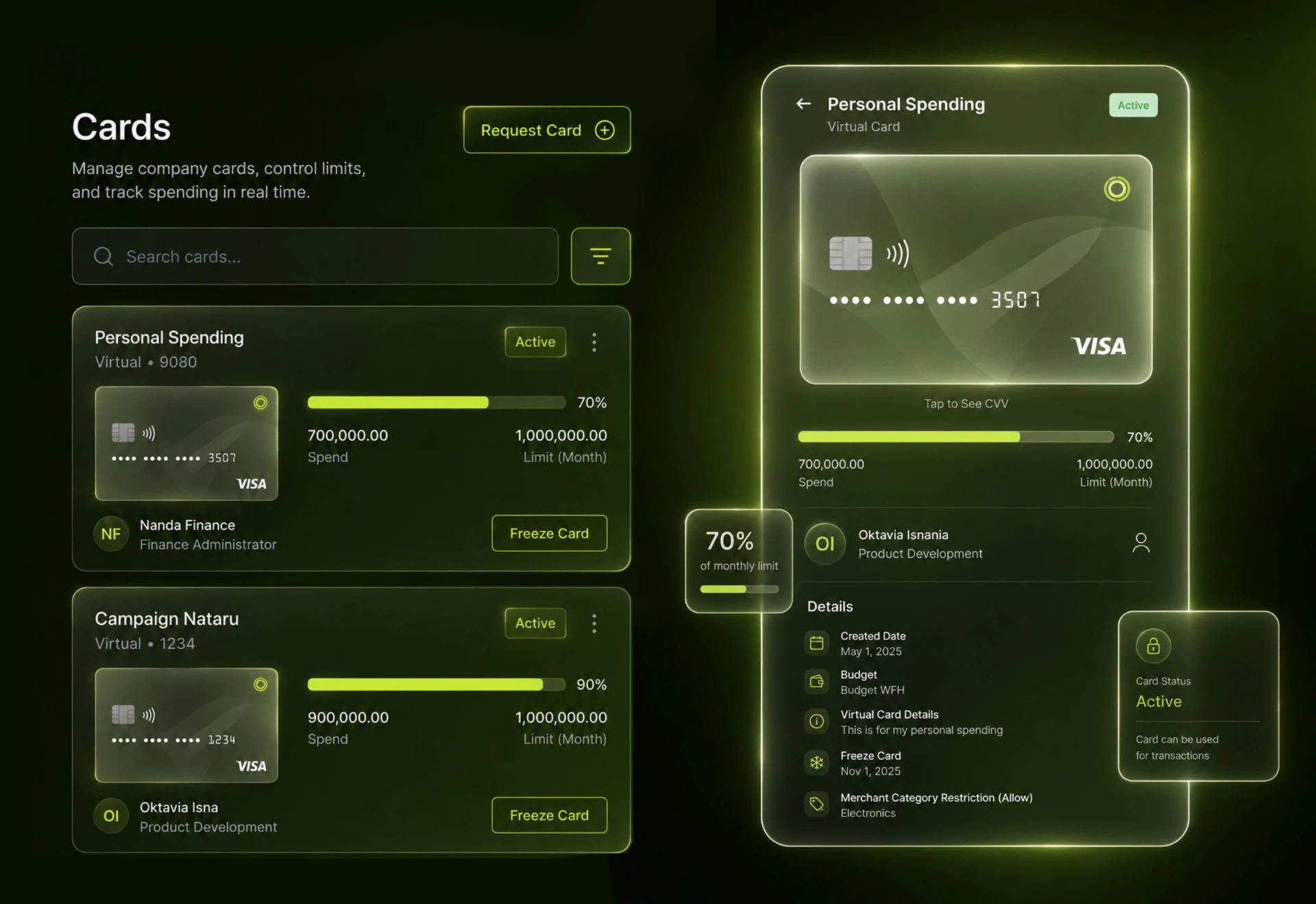 Lign cards screen with virtual card details