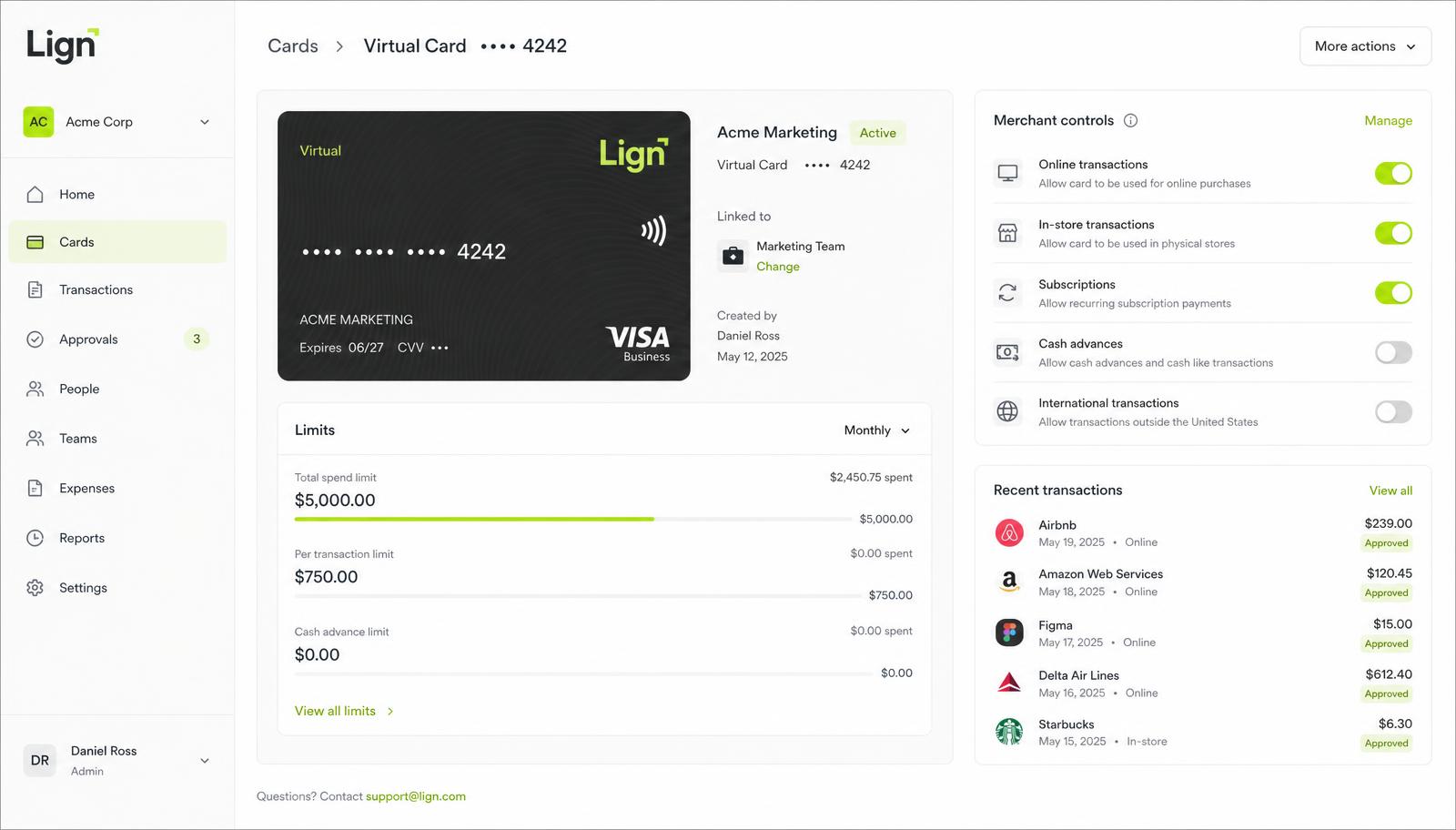Lign card management screen
